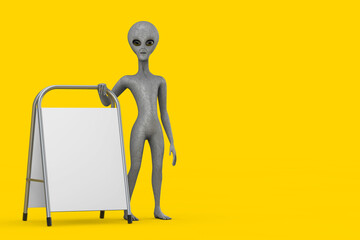 Leinwandbilder - Scary Gray Humanoid Alien Cartoon Character Person Mascot  with White Blank Advertising Promotion Stand. 3d Rendering