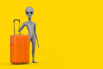 Aufkleber - Scary Gray Humanoid Alien Cartoon Character Person Mascot with Orange Travel Suitcase. 3d Rendering