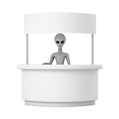 Poster - Scary Gray Humanoid Alien Cartoon Character Person Mascot and Blank Promotion Stand with Free Space for Your Design. 3d Rendering