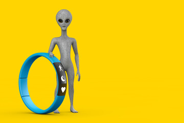 Aufkleber - Scary Gray Humanoid Alien Cartoon Character Person Mascot with Blue Fitness Tracker. 3d Rendering