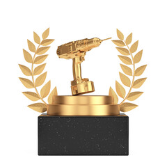 winner award cube gold laurel wreath podium, stage or pedestal with golden rechargeable and cordless