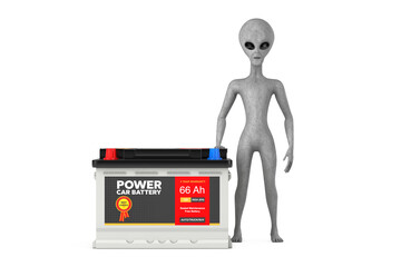 Aufkleber - Scary Gray Humanoid Alien Cartoon Character Person Mascot and Rechargeable Car Battery 12V Accumulator with Abstract Label. 3d Rendering