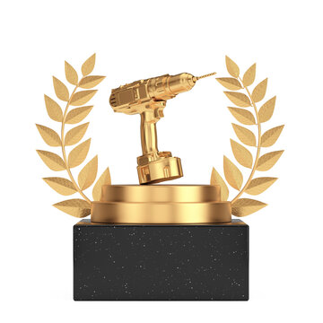 Winner Award Cube Gold Laurel Wreath Podium, Stage or Pedestal with Golden Rechargeable and Cordless Drill. 3d Rendering