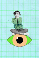 Poster - Vertical collage illustration of small girl black white effect sitting huge eye arms cover peeking watch isolated on drawing checkered background