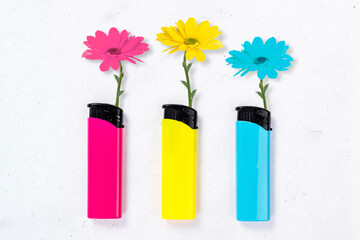 Poster - Composite collage illustration of flowers growth three colorful lighters instead flame isolated on bright background