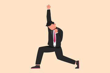 Wall Mural - Business flat cartoon style drawing happy businessman standing with raise one hand and the other hand pose yes. Office worker celebrate success of company project. Graphic design vector illustration