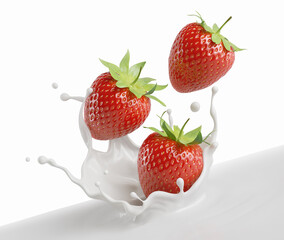 milk or yogurt splash with strawberries isolated on white background, 3d rendering.