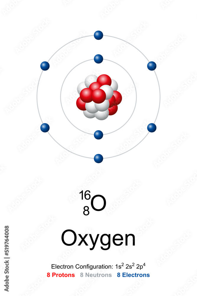 Atomic Nucleus O2 Oxygen, atom model. Chemical element with symbol O and with atomic ...