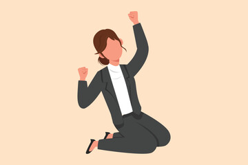 Wall Mural - Business flat drawing happy businesswoman kneeling with raised one hand high and raised other. Female manager celebrating success business project or achievement. Cartoon design vector illustration