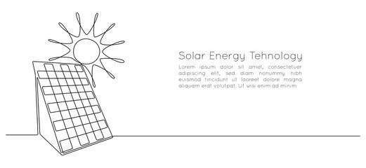 Poster - One continuous line drawing of Solar panel with sun. Green clean energy in simple linear style. Renewable and sustainable resources concept. Editable stroke. Doodle vector illustration
