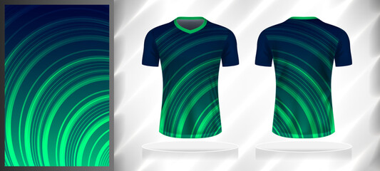 Canvas Print - Vector sport pattern design template for V-neck T-shirt front and back with short sleeve view mockup. Shades of blue-green color gradient abstract curve line texture background illustration.