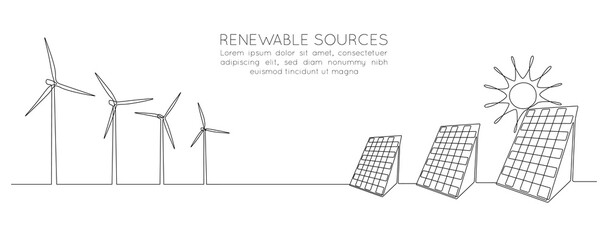 Poster - One continuous line drawing of wind turbine and Solar panel with sun. Clean energy in simple linear style. Renewable and sustainable resources web banner. Editable stroke. Doodle vector illustration