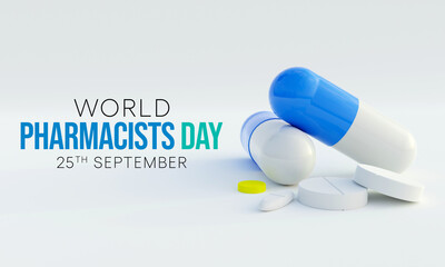 Wall Mural - World Pharmacists day is observed every year on 25 September, The day focuses on the importance of pharmacists, and it honors how much they impact our health and well-being. 3D Rendering