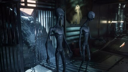 Poster - aliens explore an alien crashed spaceship. apocalyptic atmosphere of an old spaceship. the concept o