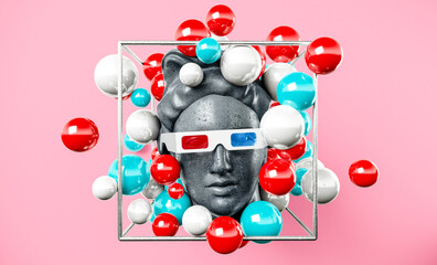 Wall Mural - apollo gypsum head retro wave synth background cyberpunk concept.