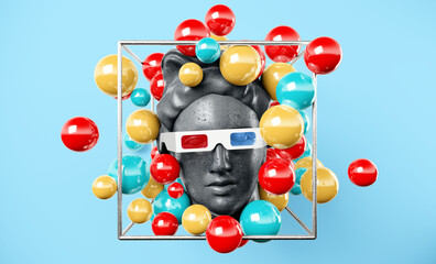 Wall Mural - apollo gypsum head retro wave synth background cyberpunk concept.