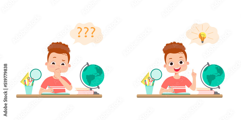 Cute little kid do homework and find the answer. Vector cartoon ...