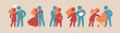 Happy family icon multicolored in simple figures set. Part 1. Couple and pregnancy. Dad, mom and little baby stand together. Parents and stroller. Vectors can be used as logotype or cutting