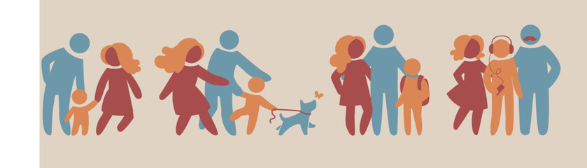 Wall Mural - Happy family icon multicolored in simple figures set. Part 2. Dad, mom and little baby stand together. Parents and children. Vectors can be used as logotype or cutting.