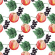 Seamless pattern with a branch of black currant and a ripe apple. Watercolor background of fruit and vegetables for textiles, wallpaper, packaging, office and bed linen.