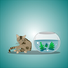 Black striped gray cat sitting looking at fish on a blue background, EPS vector