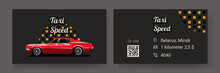 Black And Red Business Card Taxi Card With The Image Of A Taxi Car. The Reverse Side Of The Business Card With Contacts.