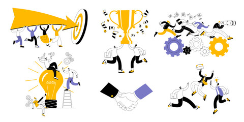 the concept of a vector illustration in a flat style on the theme of teamwork and joint solutions. a