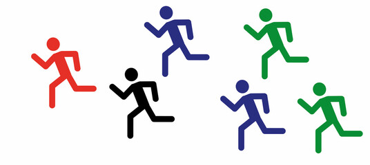 Sticker - a set of multicolored running people, the concept of success, competition, leader, sport, businessmen, pictogram, figures of people isolated on a white background, sketch