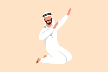 Sticker - Business flat drawing happy Arab businessman kneeling with celebrating goal pose. Worker celebrate success of increasing company product sales. Business achievement. Cartoon design vector illustration