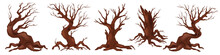 Dead Tree Vector Set, Spooky Autumn Bark, Dry Naked Branch Silhouette, Scary Halloween Forest. Winter Graveyard Oak Wood Kit, Leafless Trunk Clipart On White, Bare Roots. Dead Tree Environment Icon