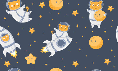 Wall Mural - Seamless vector pattern. Cat astronaut flying in space, smiling moon, stars, spaceship, space. Cute children's print. 