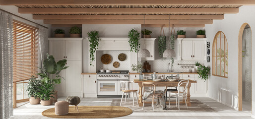 Panoramic view of contemporary wooden kitchen in white and beige tones. Dining table and appliances. Scandinavian boho interior design