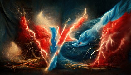 Canvas Print - Collision of lightning on a red and blue background, against each other. Colorful powerful colored lightning and flash from collision. 3D artwork