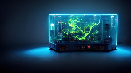 Leinwandbilder - Gaming quantum computer glows on a dark table. Glowing computer parts inside the transparent computer case of the system unit with glowing computer parts. 3D rendering