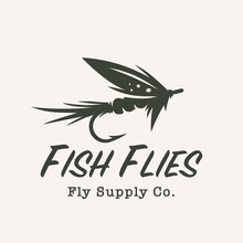 Fly Fishing Hook Logo. Fly Tying Icon. Artificial Feather Lure Emblem. Freshwater Fish Flies Symbol. Vector Illustration.