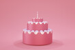 Cute birthday cake 3d rendering pink color 3 floors with a candle, Sweet cake for a surprise birthday, mother's, Day, Valentine's on a pink background