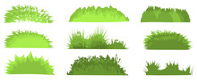 Set Of Nine Different Forms Of Green Grass. For Sites With Ecological Design, For Web Pages On The Theme Of Nature. Vector Illustration, Isolated On White Background.