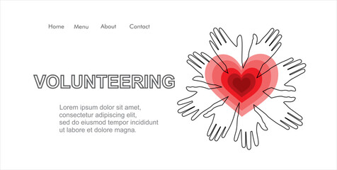 Wall Mural - Continuous one line drawing of volunteering hands with heart.  Illustration with quote template. Can used for logo, emblem, slide show and banner.