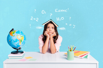 Poster collage of exhausted school child doing test can not solving task sit table isolated blue color background