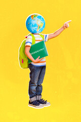 Sticker - Poster banner collage of school child holding notebook pointing season discounts isolated yellow color background