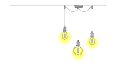 Wall Mural - One line drawing of modern loft style chandelier with pendant lamps with Edison bulbs. Continuous line drawing of shining lightbulbs in doodle style. Horizontal vector illustration with place for text