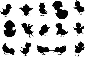 Poster - Cute chicks cartoon Easter baby chickens with eggs isolated Vectors Silhouette