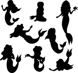 Poster - Cute mermaid cartoon characters flat vector Silhouettes.