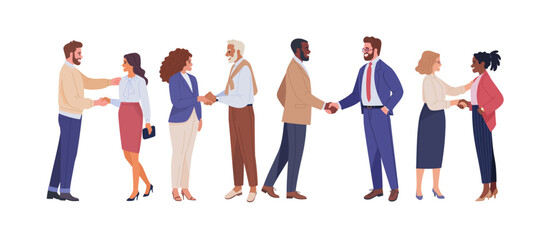 Wall Mural - Meeting of business people. Vector illustration in flat cartoon style of several couples of people of different nationalities in business clothes shaking hands. Isolated on white