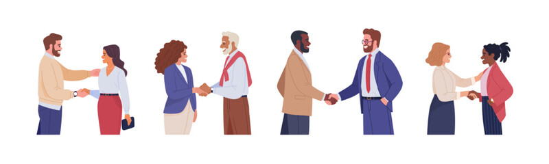 Fototapete - Meeting of business people. Vector illustration in flat cartoon style of several couples of people of different nationalities in business clothes shaking hands. Isolated on white
