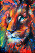 Original Oil Painting. Painted Lion In Colorful Colors. Beautiful Blue, Glassy Eyes. Contemporary Painting. Elongated Format. 