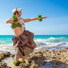 Hula Dancer Performing Hawaii Dance. Girl Dancing Wearing Tahiti Summer Clothes. Miss Queen Flower Crown