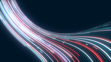 Neon Background Flow Of Lines. Texture Glowing Digital Stripes, Lines. Blue, Red Flame. Cosmic, Energetic Path. LED Strip. Computer Screensaver. Poster For Business, Presentations, Technology, Logo.