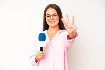 Wall Mural - hispanic pretty woma screaming with hands up in the air. journalist with a microphone