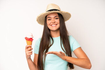 hispanic pretty woma feeling extremely shocked and surprised. ice cream and summer concept